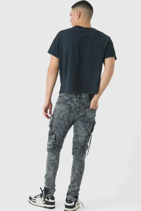 boohooMAN Super Skinny Stretch Acid Wash Cargo Jeans | Jeans