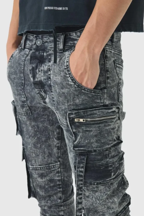 boohooMAN Super Skinny Stretch Acid Wash Cargo Jeans | Jeans