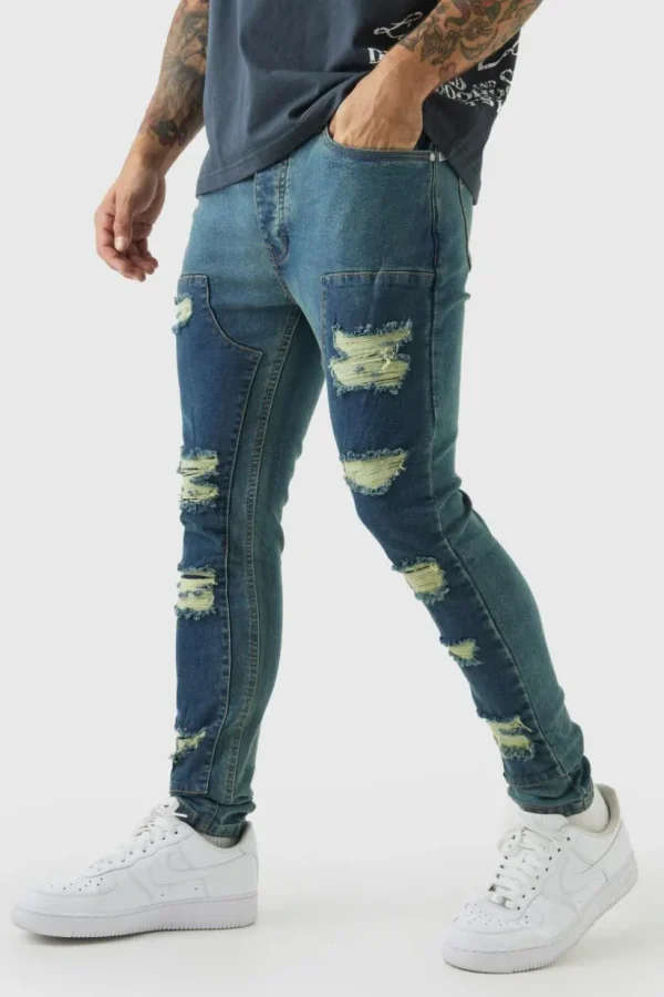 boohooMAN Super Skinny Stretch Carpenter Rip & Repair Denim Jeans | Jeans