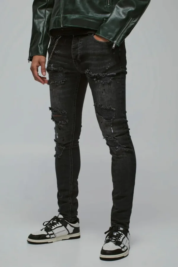 boohooMAN Super Skinny Stretch Rip & Repair Denim Jeans | Denim | Going Out Denim