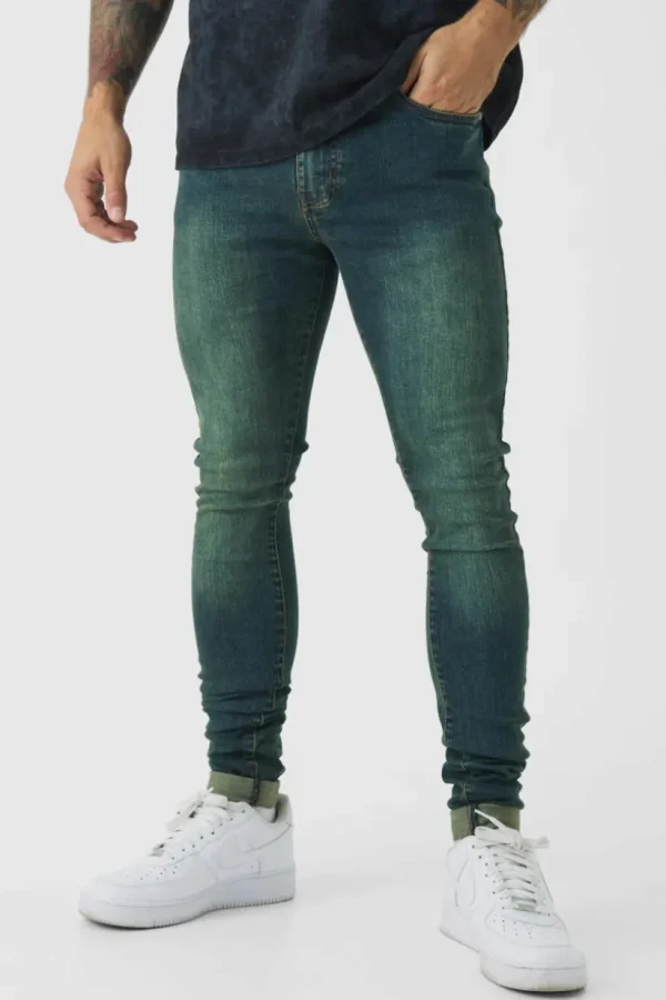 boohooMAN Super Skinny Stretch Stacked Green Tinted Jeans | Jeans