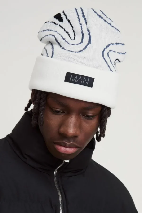 boohooMAN Swirl Print Man Tab Graphic Beanie | Hats & Caps