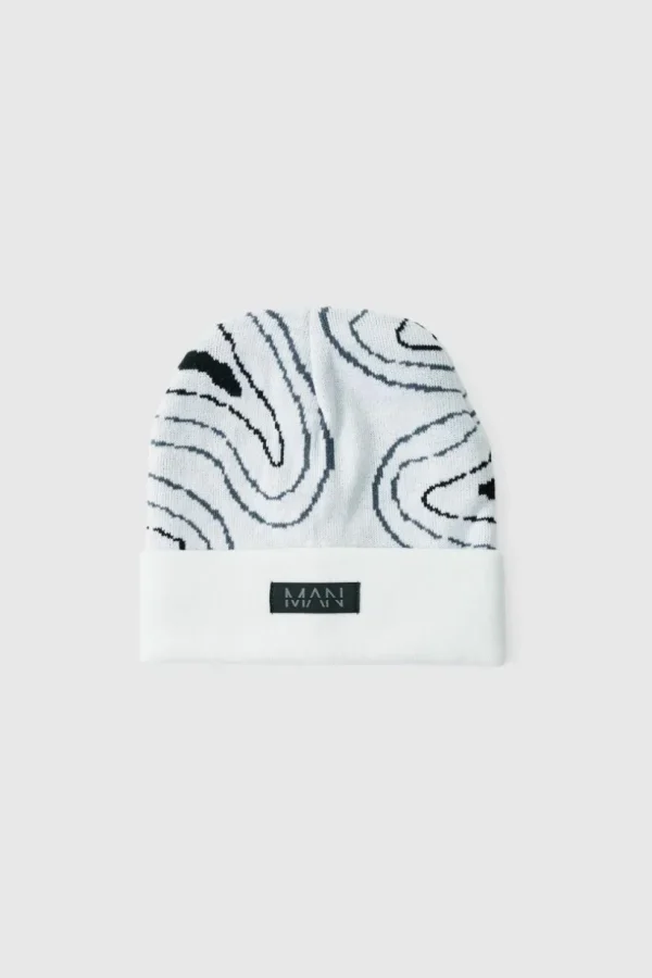 boohooMAN Swirl Print Man Tab Graphic Beanie | Hats & Caps