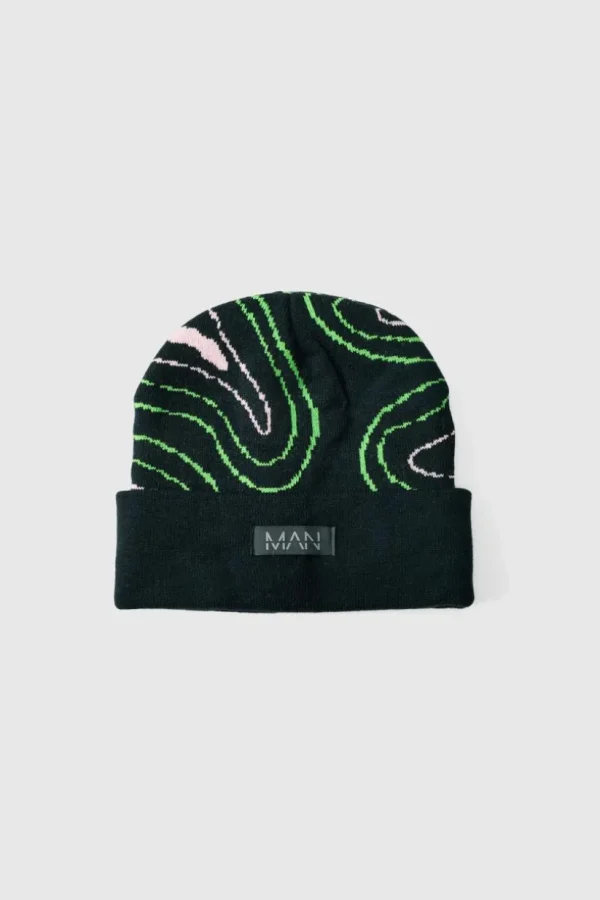 boohooMAN Swirl Print Man Tab Graphic Beanie | Hats & Caps