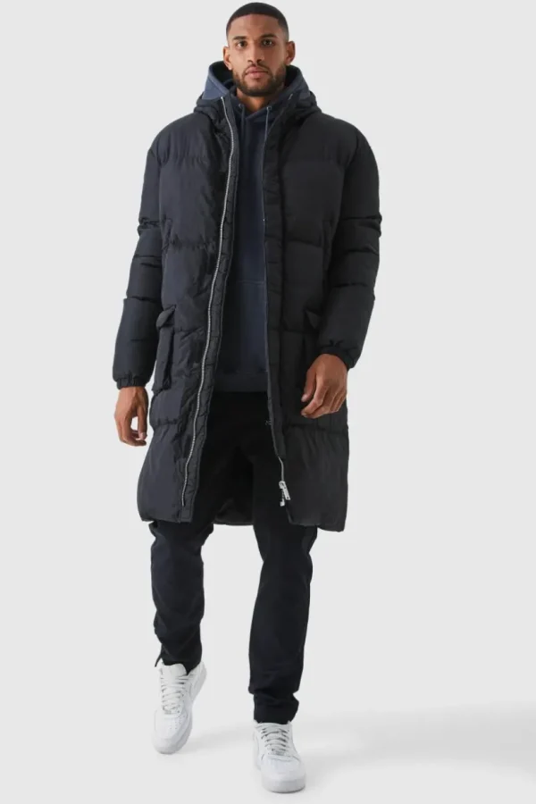 boohooMAN Tall 4 Pocket Longline Hooded Puffer Jacket in | Man | Coats & Jackets