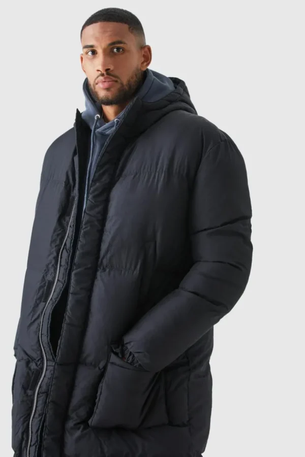 boohooMAN Tall 4 Pocket Longline Hooded Puffer Jacket in | Man | Coats & Jackets