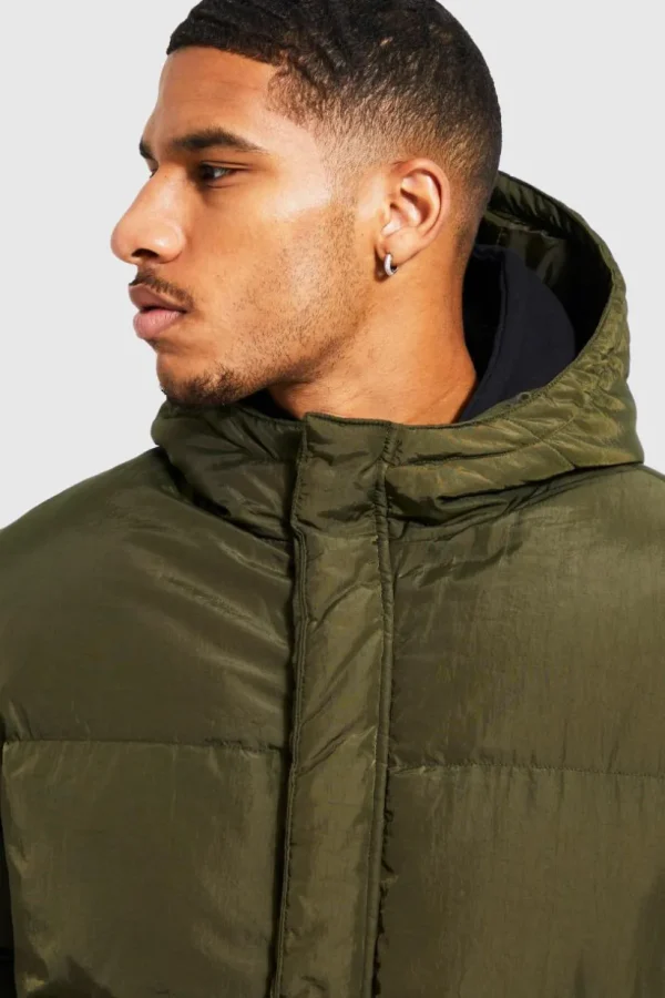 boohooMAN Tall 4 Pocket Longline Hooded Puffer Jacket in | Man | Coats & Jackets