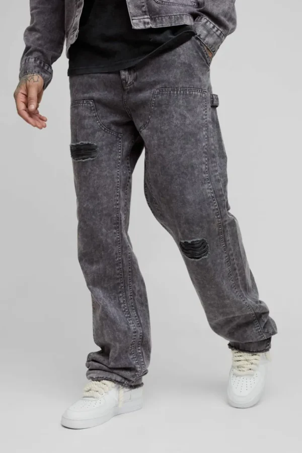 boohooMAN Tall Acid Wash Distressed Relaxed Fit Carpenter Trousers | Sets & Coords | Tracksuits