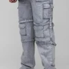 boohooMAN Tall Acid Wash Strappy Relaxed Fit Cargo Trousers | Trousers