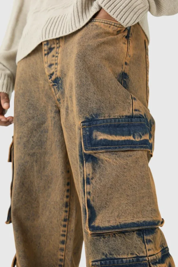 boohooMAN Tall Baggy Fit Acid Wash Cargo Jeans | Denim | Going Out Denim