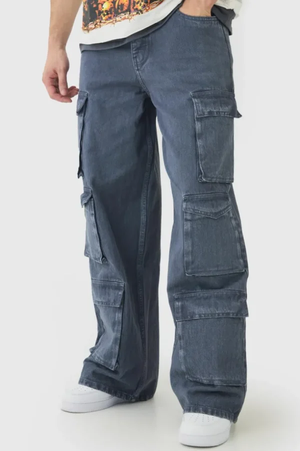 boohooMAN Tall Baggy Fit Washed Multi Pocket Cargo Jeans | Denim | Going Out Denim