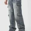 boohooMAN Tall Baggy Rigid Bm Applique Multi Pocket Cargo Jeans | Denim | Going Out Denim