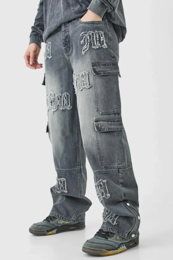 boohooMAN Tall Baggy Rigid Bm Applique Multi Pocket Cargo Jeans | Denim | Going Out Denim