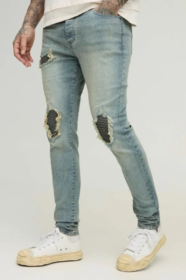 boohooMAN Tall Biker Rip & Repair Zip Hem Skinny Jeans | Denim | Going Out Denim