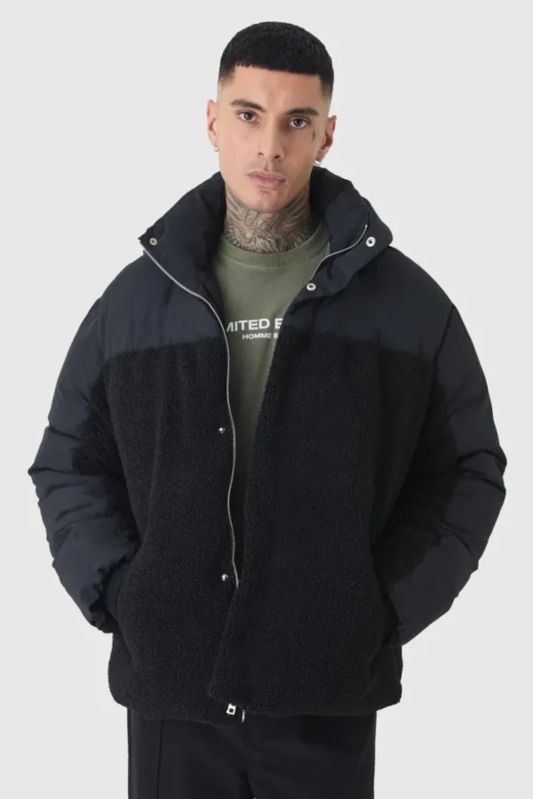 boohooMAN Tall Borg And Nylon Padded Coat In | Man | Coats & Jackets