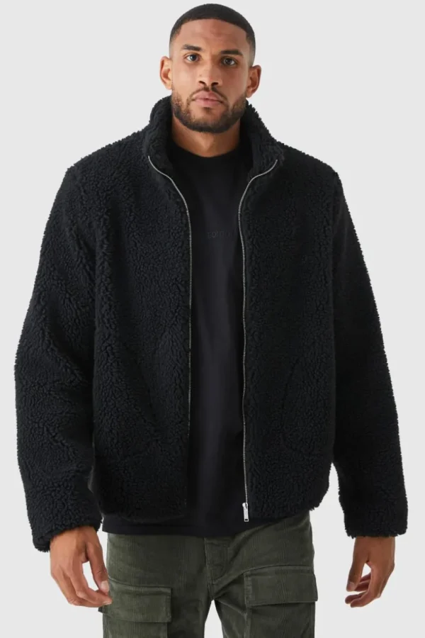 boohooMAN Tall Borg Funnel Neck Jacket in | Man | Coats & Jackets