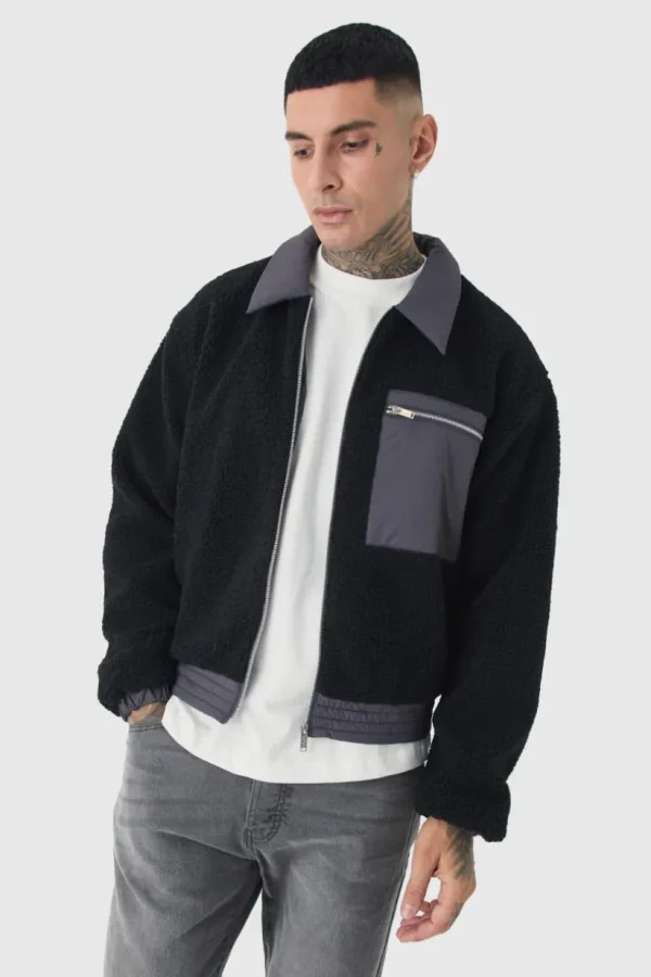 boohooMAN Tall Boxy Borg And Nylon Collared Bomber Jacket In | Man | Coats & Jackets