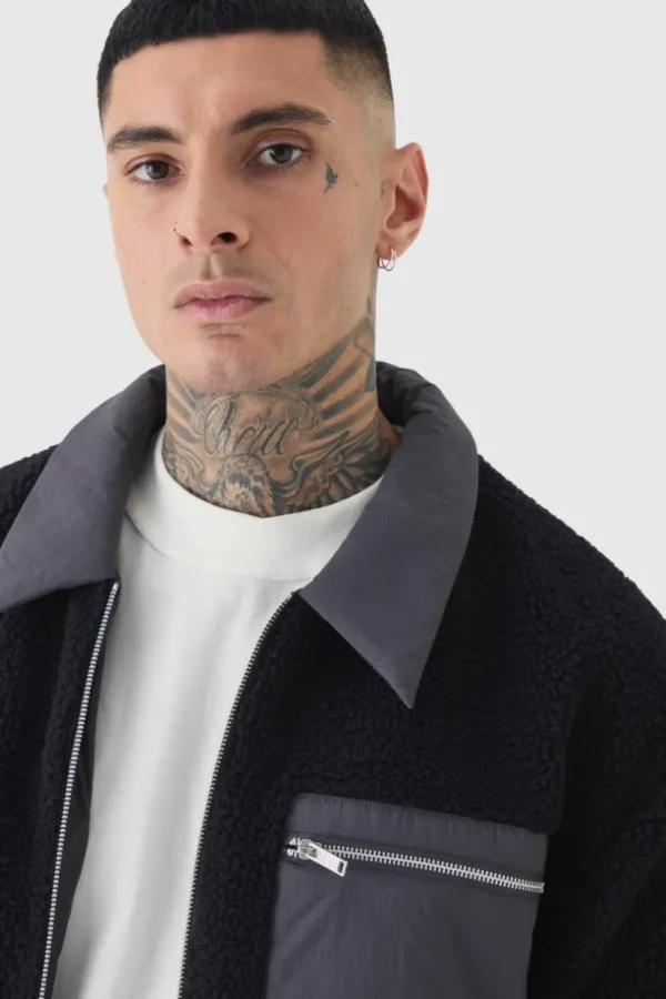 boohooMAN Tall Boxy Borg And Nylon Collared Bomber Jacket In | Man | Coats & Jackets