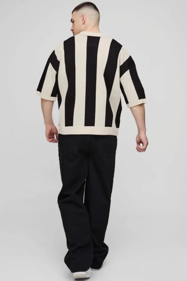 boohooMAN Tall Boxy Moto Stripe Knitted Polo | Going Out Polo Shirts | Knitwear