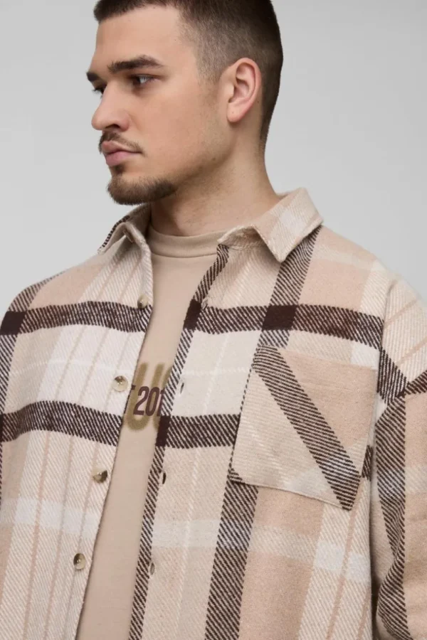 boohooMAN Tall Boxy Split Hem Brushed Check Overshirt | Shirts | Going Out Shirts