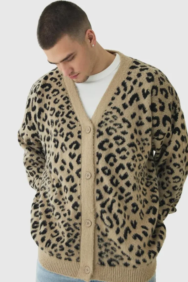 boohooMAN Tall Brushed Knit Leopard Print Oversized Cardigan | Knitwear | Going Out Knitwear