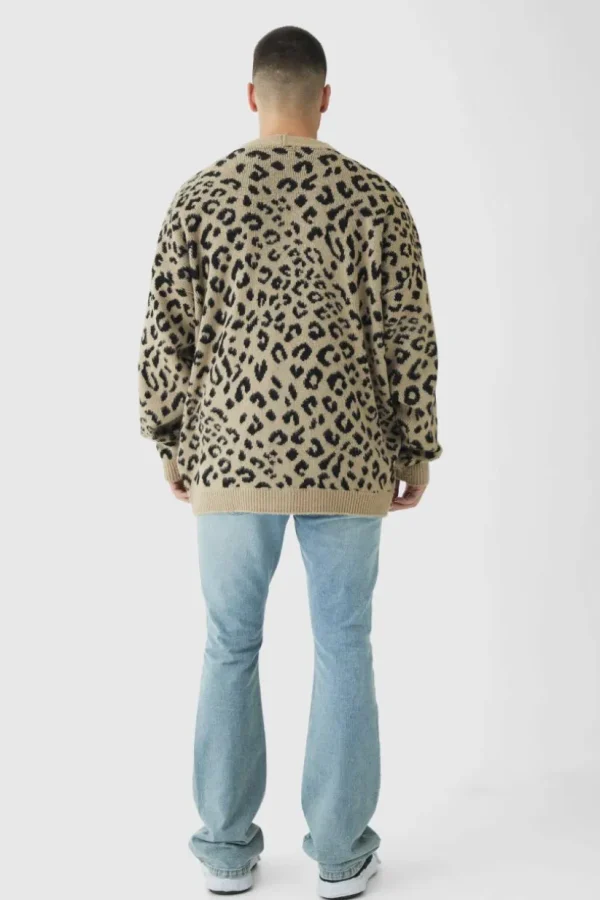 boohooMAN Tall Brushed Knit Leopard Print Oversized Cardigan | Knitwear | Going Out Knitwear