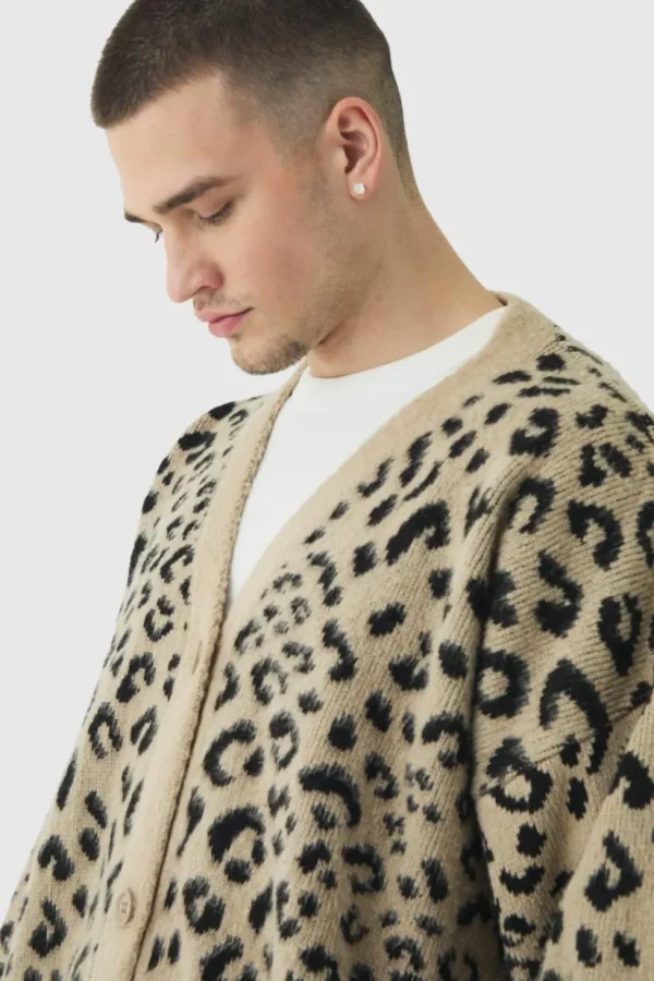 boohooMAN Tall Brushed Knit Leopard Print Oversized Cardigan | Knitwear | Going Out Knitwear