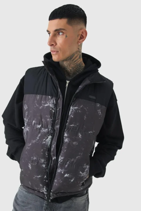 boohooMAN Tall Colour Block Printed Funnel Neck Gilet In | Man | Coats & Jackets