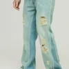 boohooMAN Tall Crotch Embroidered Distressed Gusset Flared Jeans | Denim | Going Out Denim