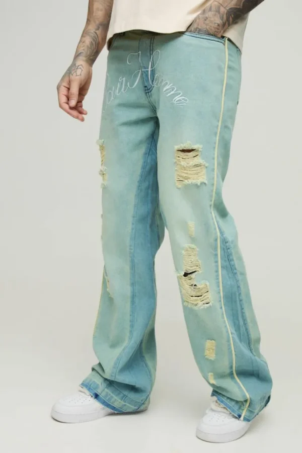 boohooMAN Tall Crotch Embroidered Distressed Gusset Flared Jeans | Denim | Going Out Denim