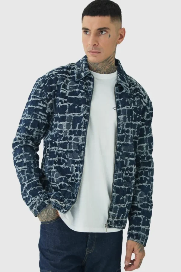 boohooMAN Tall Distressed Tapestry Denim Harrington Jacket | Man | Sets & Coords