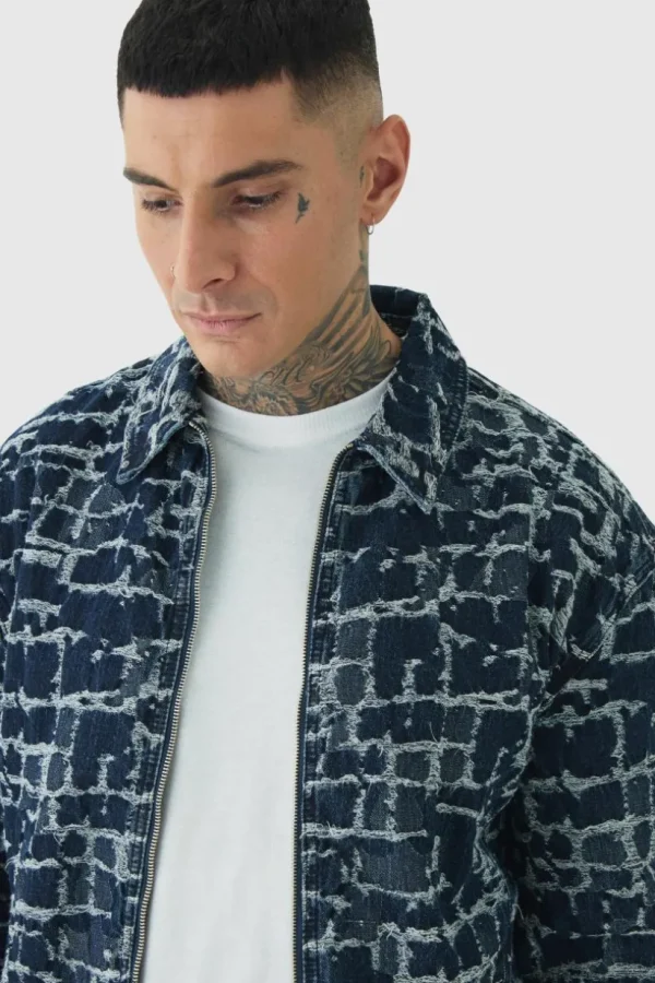 boohooMAN Tall Distressed Tapestry Denim Harrington Jacket | Man | Sets & Coords