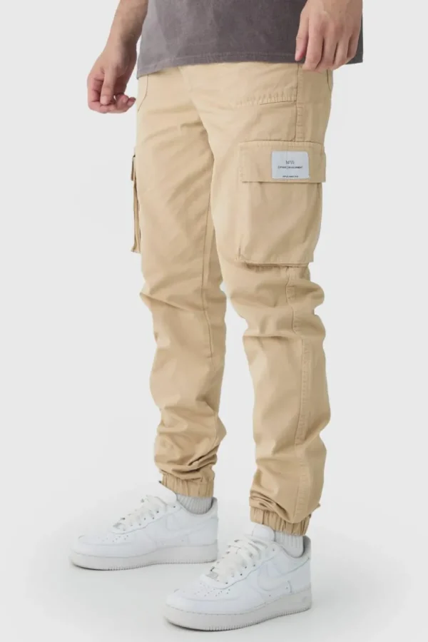 boohooMAN Tall Elasticated Waist Branded Slim Fit Cargo Jogger | Trousers