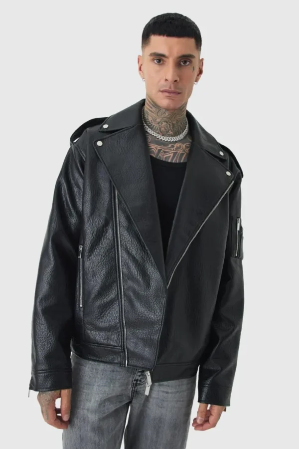 boohooMAN Tall Extreme Oversized Textured PU Biker Jacket In | Man | Coats & Jackets