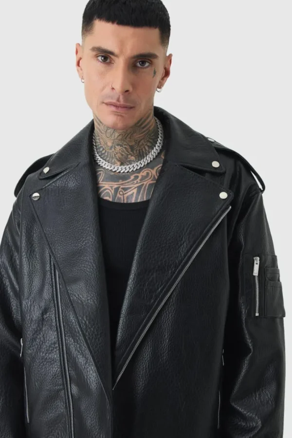 boohooMAN Tall Extreme Oversized Textured PU Biker Jacket In | Man | Coats & Jackets