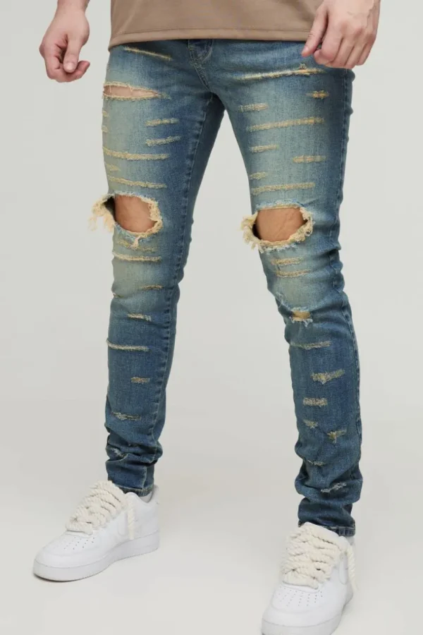 boohooMAN Tall Extreme Rip Busted Knee Skinny Jeans | Denim | Going Out Denim