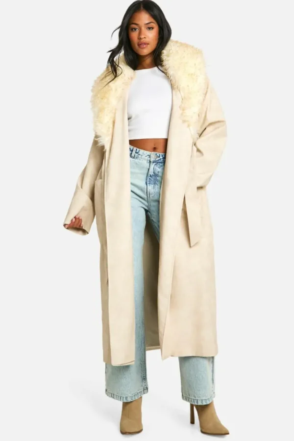 boohoo Tall Faux Fur Collar Vintage Look Faux Leather Trench Coat | Women Shirts | Foundation