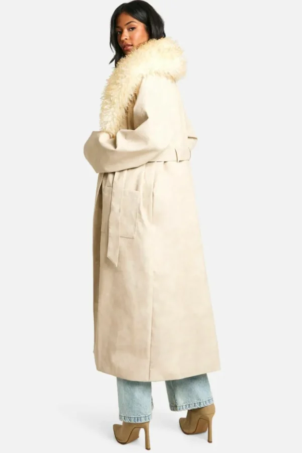 boohoo Tall Faux Fur Collar Vintage Look Faux Leather Trench Coat | Women Shirts | Foundation