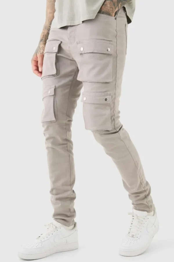 boohooMAN Tall Fixed Waist Skinny Multi Cargo Pocket Trouser | Trousers