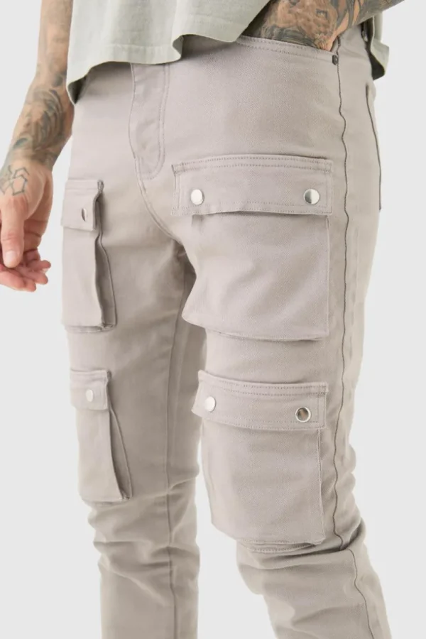 boohooMAN Tall Fixed Waist Skinny Multi Cargo Pocket Trouser | Trousers