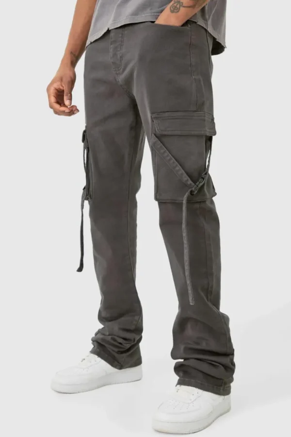 boohooMAN Tall Fixed Waist Slim Stacked Flare Strap Cargo Trouser | Trousers