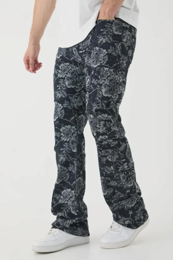 boohooMAN Tall Floral Jacquard Multi Cargo Flared Jeans | Denim | Going Out Denim