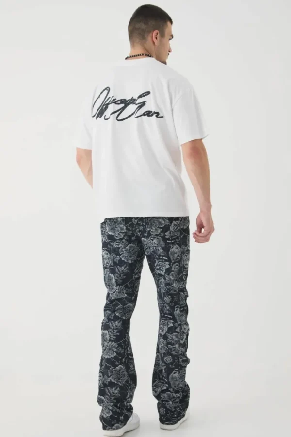 boohooMAN Tall Floral Jacquard Multi Cargo Flared Jeans | Denim | Going Out Denim