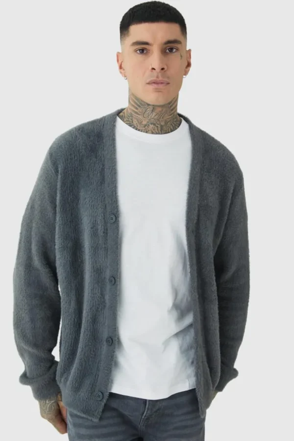 boohooMAN Tall Fluffy Knit Boxy Oversized Cardigan | Knitwear | Going Out Knitwear