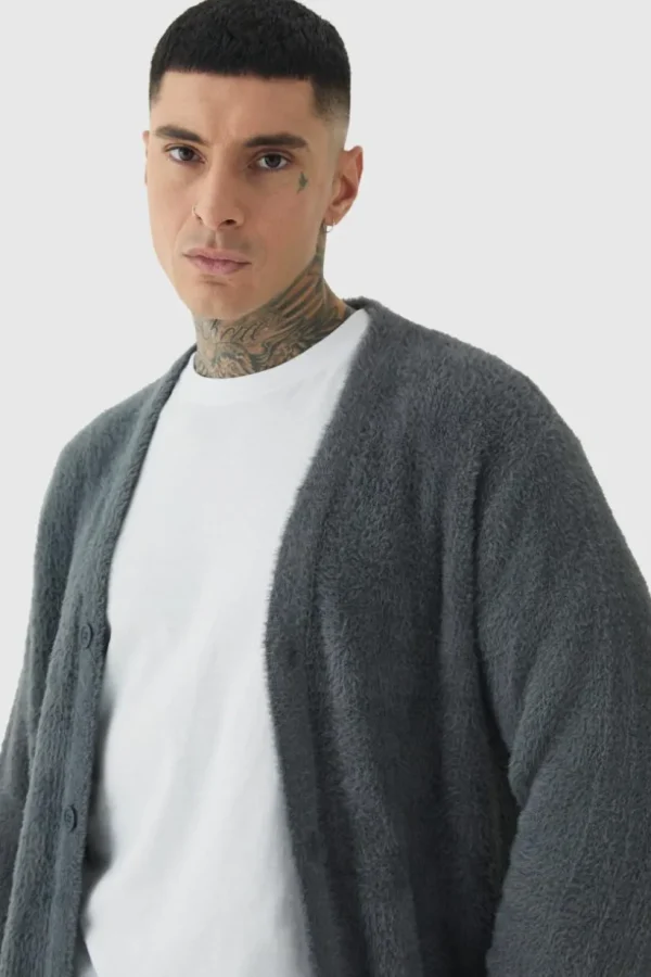 boohooMAN Tall Fluffy Knit Boxy Oversized Cardigan | Knitwear | Going Out Knitwear