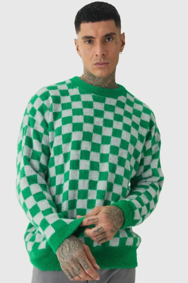 boohooMAN Tall Fluffy Knit Checkered Sweatshirt | Knitwear | Going Out Knitwear