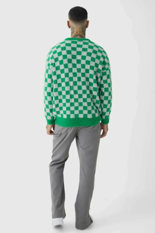 boohooMAN Tall Fluffy Knit Checkered Sweatshirt | Knitwear | Going Out Knitwear