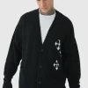 boohooMAN Tall Fluffy Knit Gothic Cross Applique Cardigan | Knitwear | Going Out Knitwear