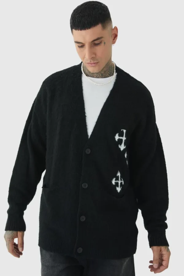 boohooMAN Tall Fluffy Knit Gothic Cross Applique Cardigan | Knitwear | Going Out Knitwear