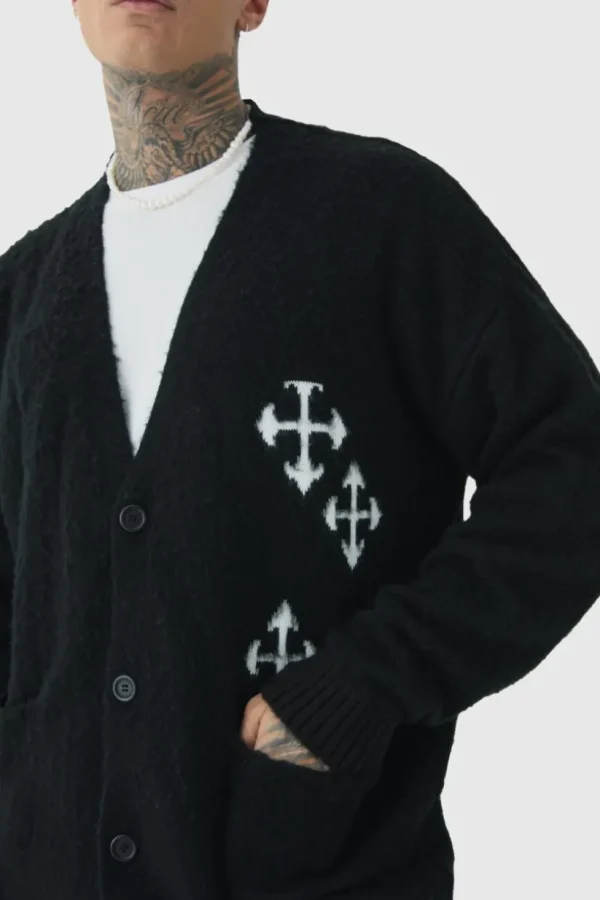 boohooMAN Tall Fluffy Knit Gothic Cross Applique Cardigan | Knitwear | Going Out Knitwear